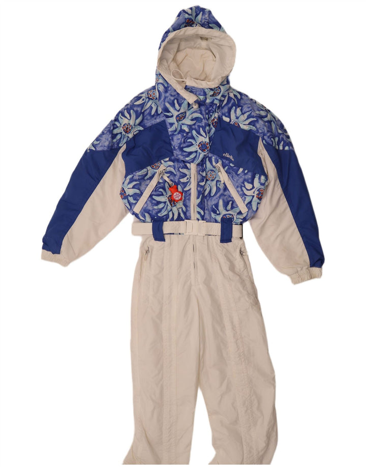 Ellesse Damen-Overall mit Kapuze, übergroßer Ski-Overall, Größe 40, klein, weiß, geblümt