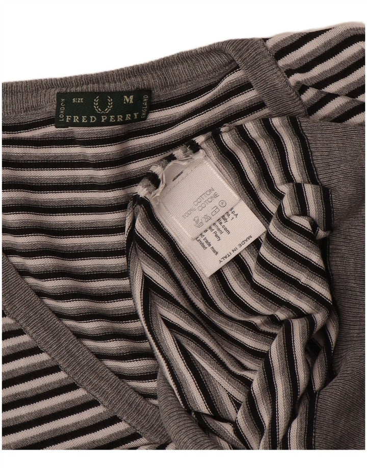 Fred Perry Damen-Pullover mit V-Ausschnitt, UK 14, mittelgrau, gestreift, Baumwolle