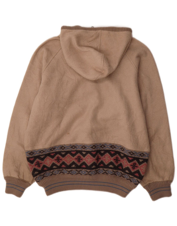 CIESSE PIUMINI Mens Hooded Zip Neck Fleece Jumper XL Beige Fair Isle