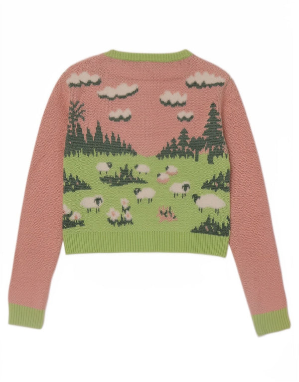 Zara Damen Graphic Crop Cardigan Pullover UK 10 Small Rosa Farbblock