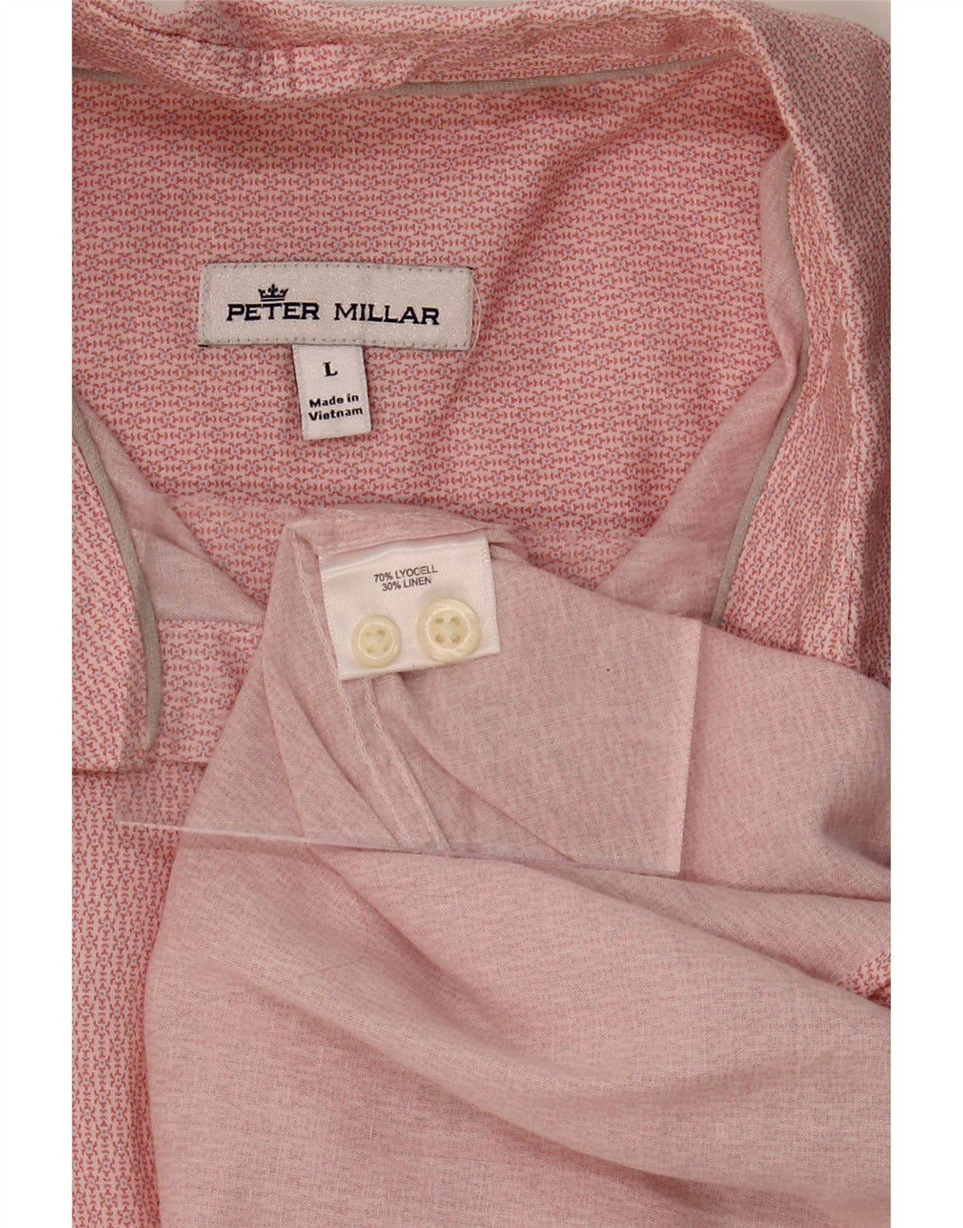 PETER MILLAR Mens Short Sleeve Shirt Large Pink Geometric Lyocell Vintage Peter Millar and Second-Hand Peter Millar from Messina Hembry 