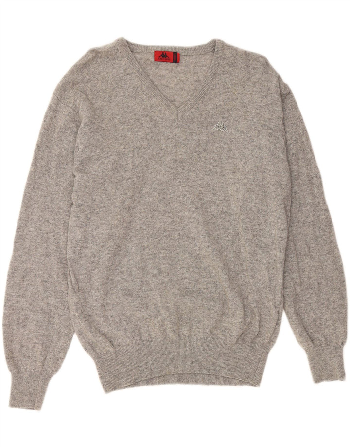 KAPPA Mens V-Neck Jumper Sweater Medium Grey Lambswool Vintage Kappa and Second-Hand Kappa from Messina Hembry 