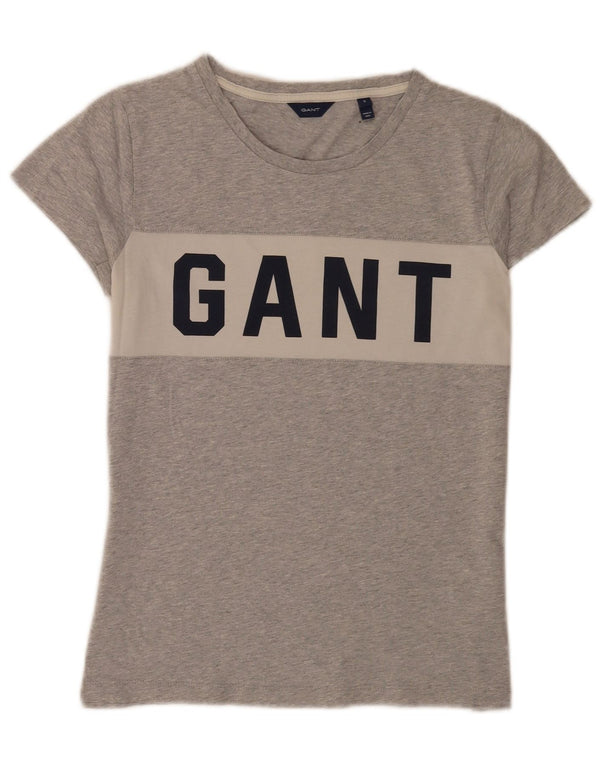 Gant Damen Grafik-T-Shirt-Oberteil UK 10 Small Graue Colourblock-Baumwolle
