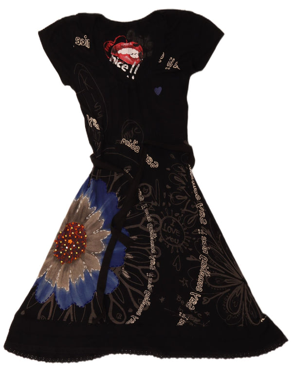 Desigual Womens Graphic A-Line Dress UK 12 Medium Black Floral Viscose