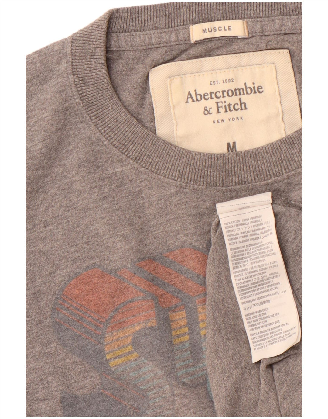 ABERCROMBIE & FITCH Herren Muskel-Grafik-T-Shirt-Oberteil aus mittelgrauer Baumwolle