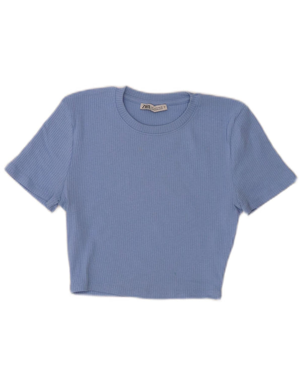 Zara Damen Crop T-Shirt Top UK 12 Mittelblaue Baumwolle