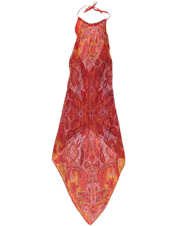 Vintage Damen Neckholder Asymmetrisches Kleid UK 8 Kleine rote Paisley-Seide