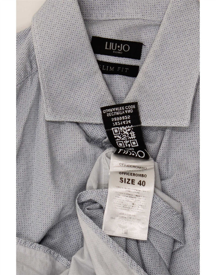 Liu Jo Herren Slim Fit Hemd Größe 40 Mittelblaue geometrische Baumwolle