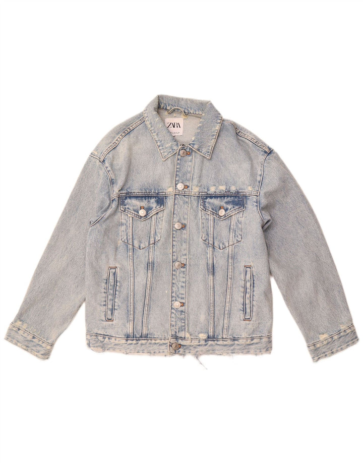 ZARA Herren Distressed Jeansjacke UK 38 Mittelblaue Baumwolle