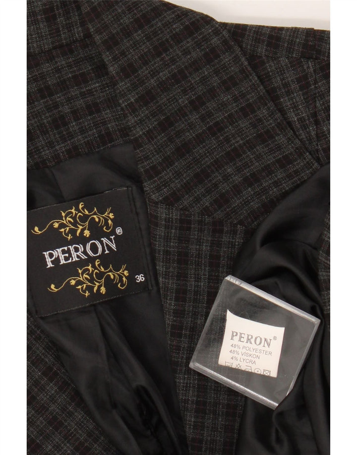 Vintage Damen Blazerjacke mit 1 Knopf, EU 36, kleines grau kariertes Polyester