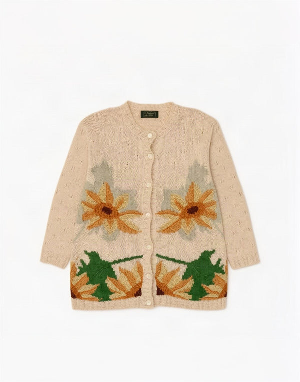 Vintage Damen Cardigan Pullover UK 14 Medium Beige Floral