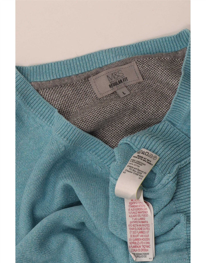 Marks & Spencer Herren-Pullover, reguläre Passform, V-Ausschnitt, Größe L, Blau, Baumwolle