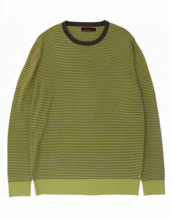 Pierre Cardin Herren-Pullover mit U-Boot-Ausschnitt, große grüne Nadelstreifen-Baumwolle