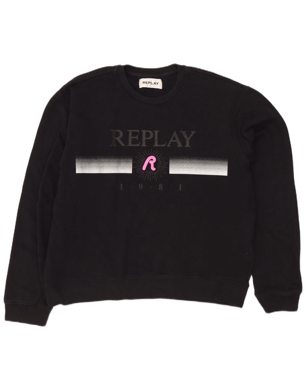 Replay Damen Grafik-Sweatshirt-Pullover UK 22 3XL Schwarz Baumwolle