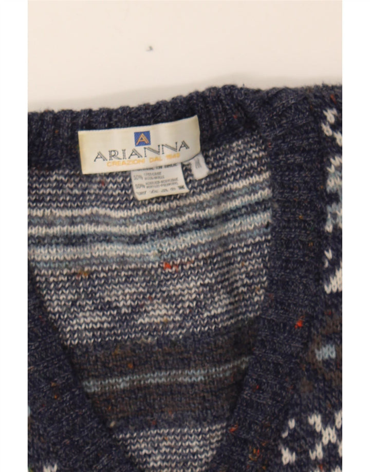 ARIANNA Mens V-Neck Jumper Sweater Medium Navy Blue Striped Polyacrylic Vintage Arianna and Second-Hand Arianna from Messina Hembry 