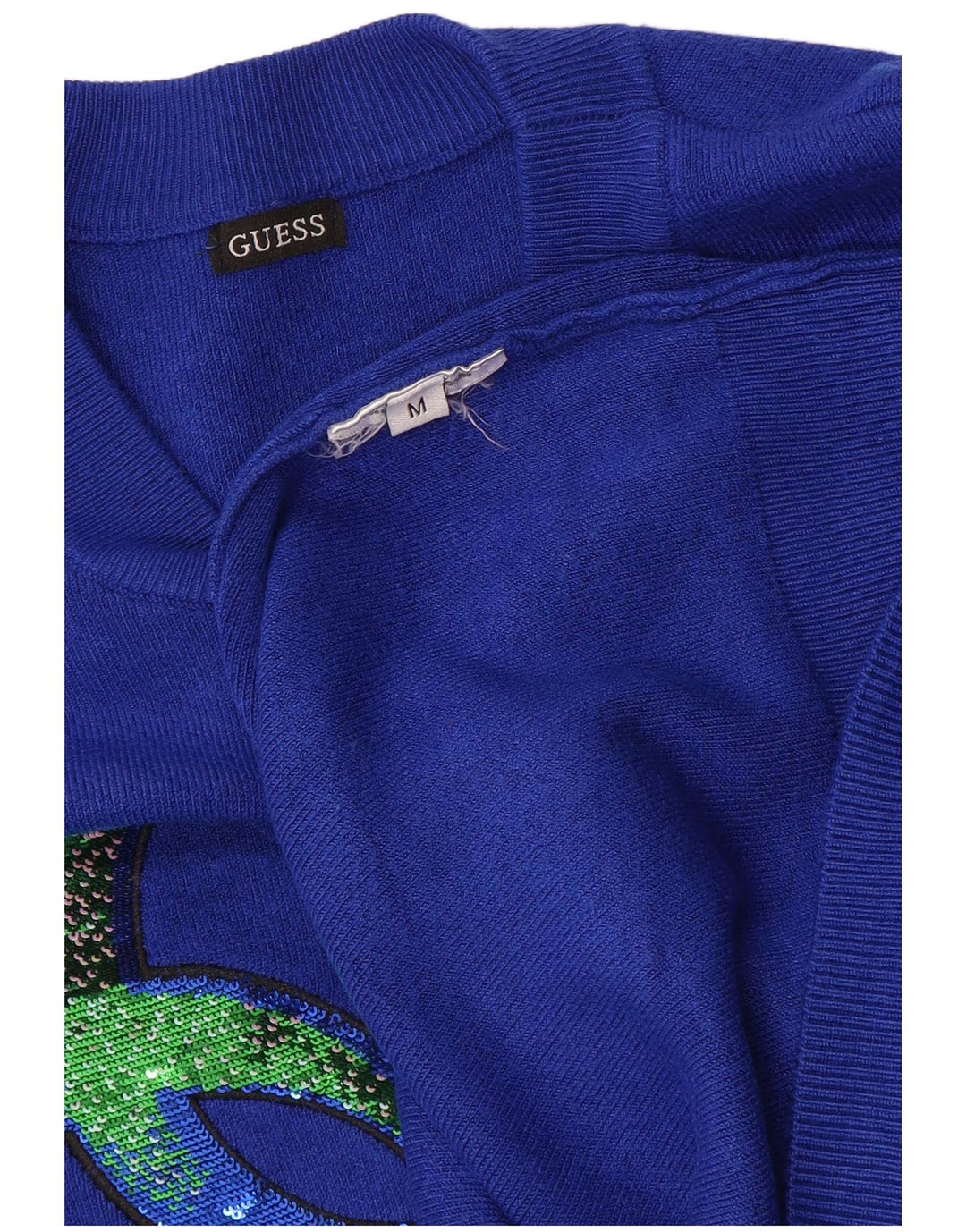 Guess Damen-Pullover mit grafischem Rundhalsausschnitt, Gr. 14, Mittelblau