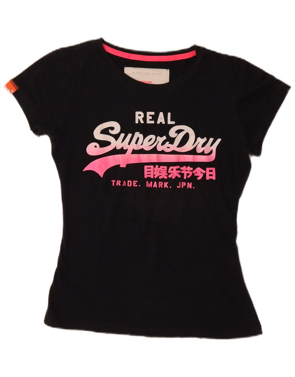 Superdry Damen Grafik-T-Shirt-Oberteil UK 6 XS Schwarz Baumwolle