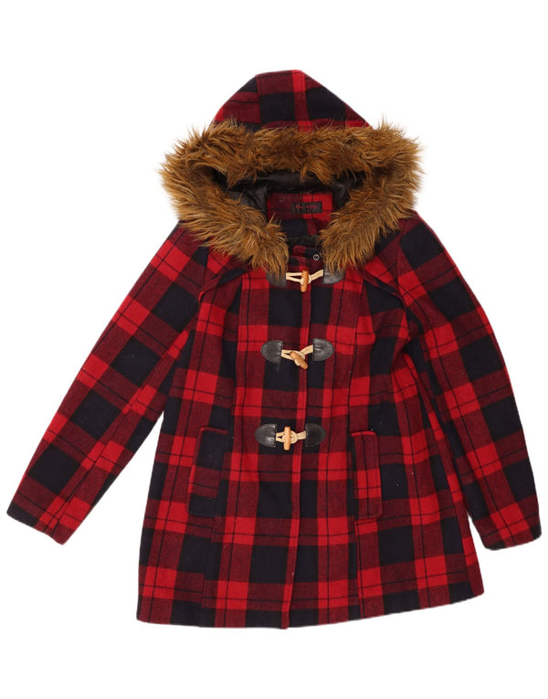 Miss Selfridge Damen-Dufflecoat mit Kapuze, UK 10, kleine rotkarierte Wolle