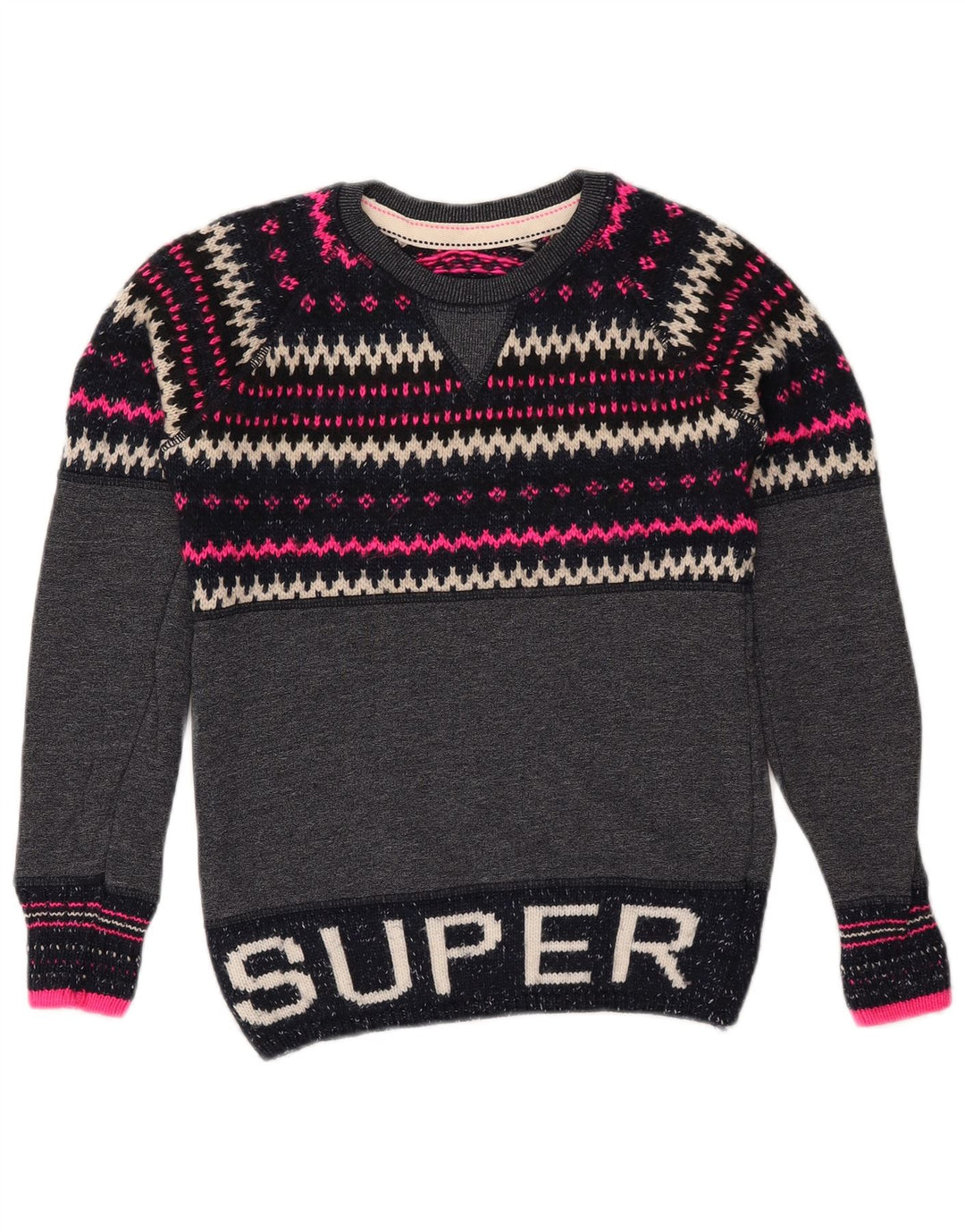 SUPERDRY Damen-Pullover mit Rundhalsausschnitt, Gr. 6, XS, Marineblau und Fair-Isle-Muster