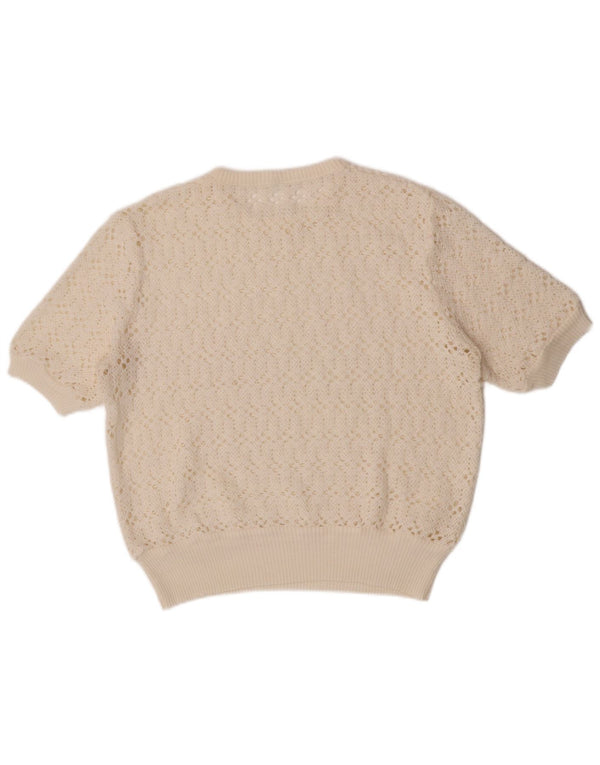 Vintage Damen Kurzärmeliger Pullover mit Rundhalsausschnitt UK 12 Medium Off White