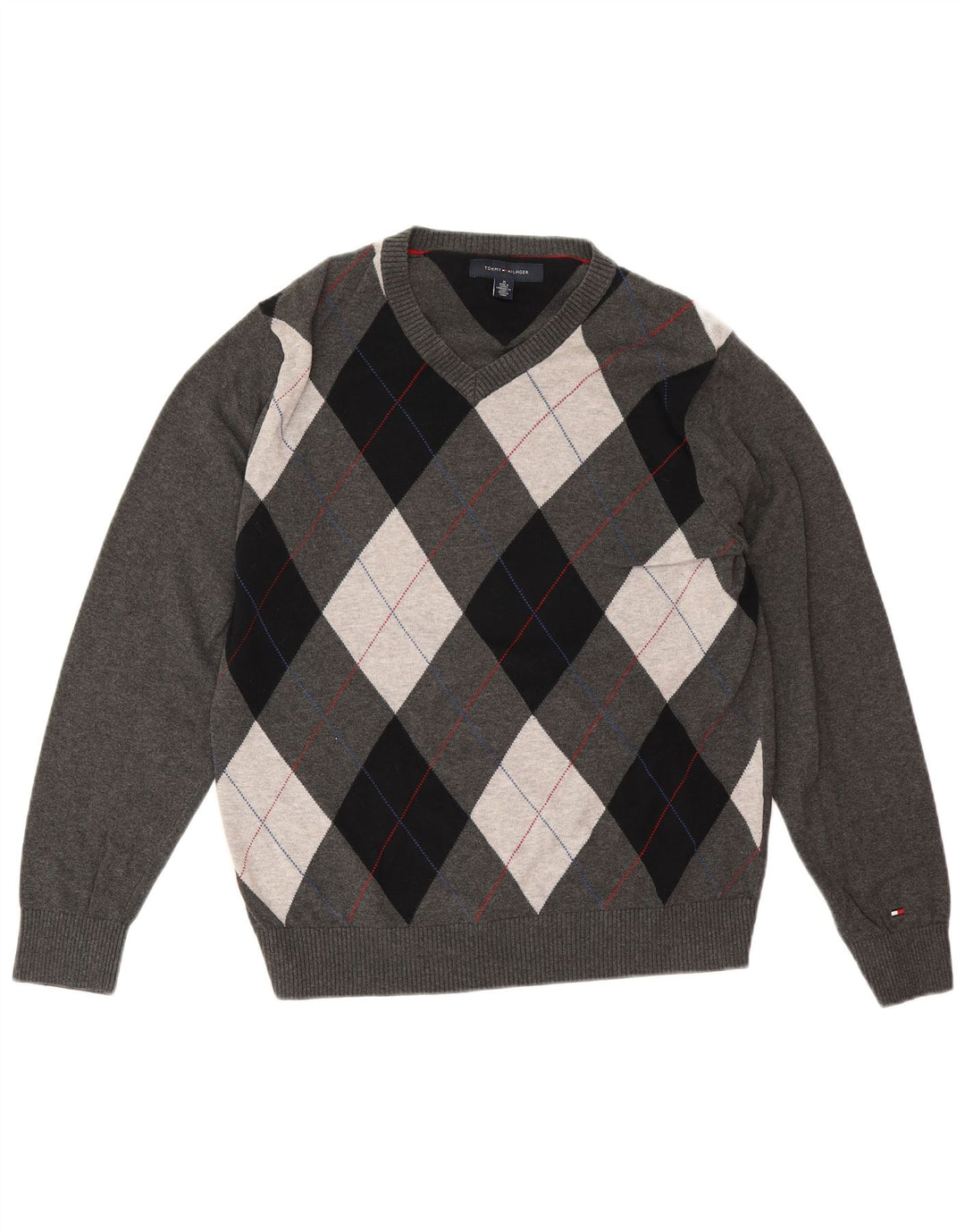 Tommy Hilfiger Herren-Pullover mit V-Ausschnitt, mittelgraue Argyle-/Diamant-Baumwolle