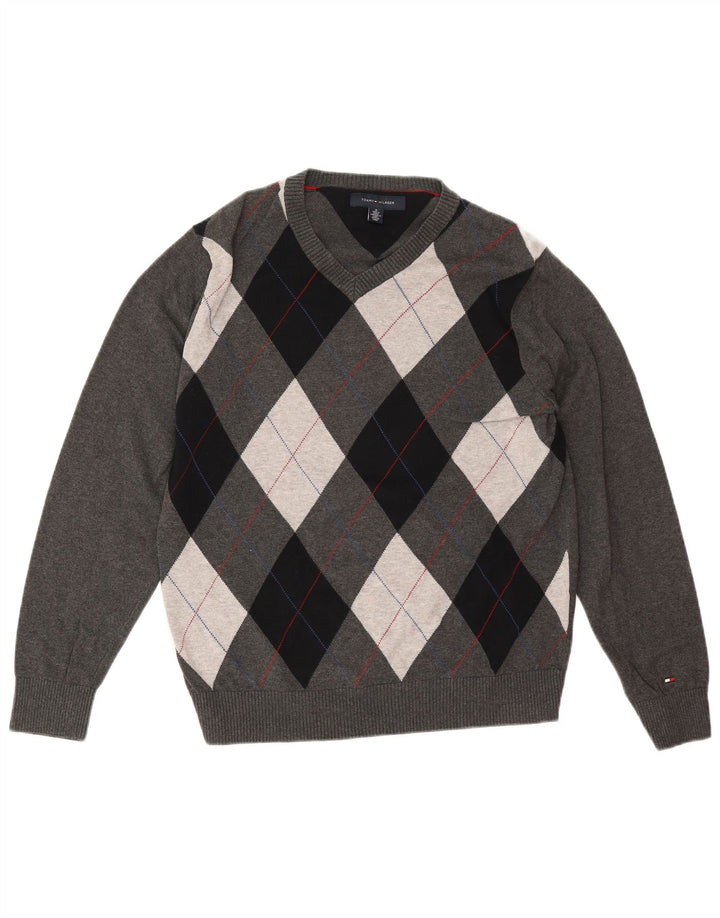 Tommy Hilfiger Herren-Pullover mit V-Ausschnitt, mittelgraue Argyle-/Diamant-Baumwolle