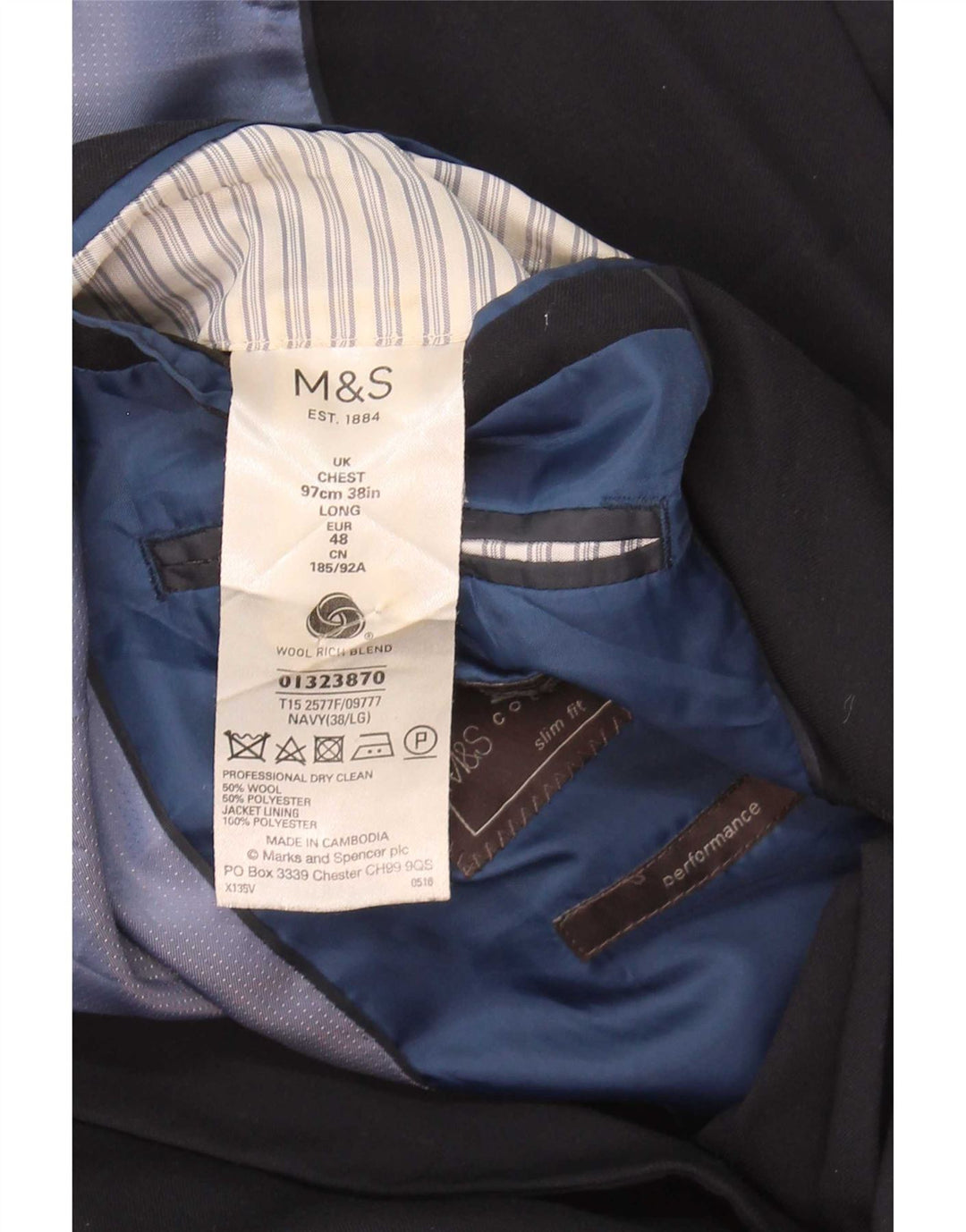 Marks & Spencer Herren-Blazer mit 2 Knöpfen, UK 38, mittelmarineblaue Wolle
