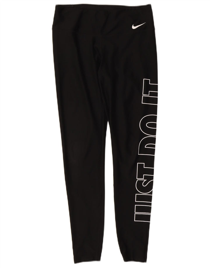 NIKE Womens Dri Fit Graphic Leggings UK 12 Medium Black Polyester