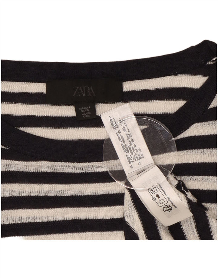 Zara Damen Top Langarm UK 16 Großes schwarz gestreiftes Polyamid