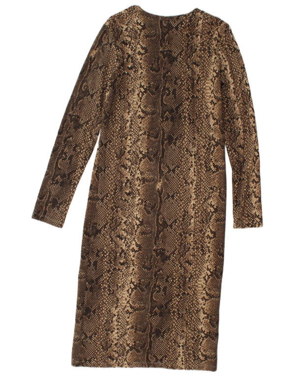 Langärmliges, figurbetontes Kleid von Zara für Damen, UK 12, Mittelbraun mit Tiermuster