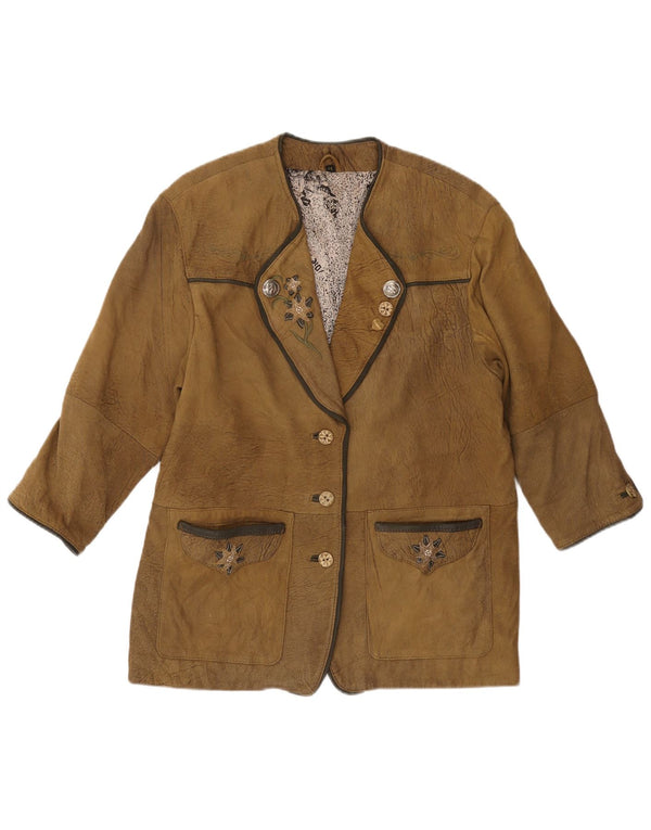 VINTAGE Damen Blazerjacke aus Leder mit 3/4-Ärmeln, EU 44, XL, Khaki
