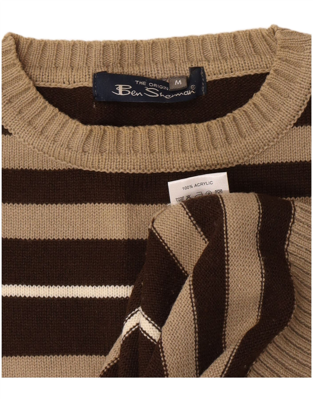 Ben Sherman Herren-Pullover mit Rundhalsausschnitt, mittelbraun, gestreift, Acryl