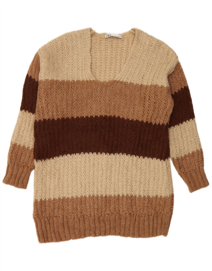 Zara Damen-Pullover mit V-Ausschnitt, übergroß, Gr. 10, Größe S, Beige, gestreift