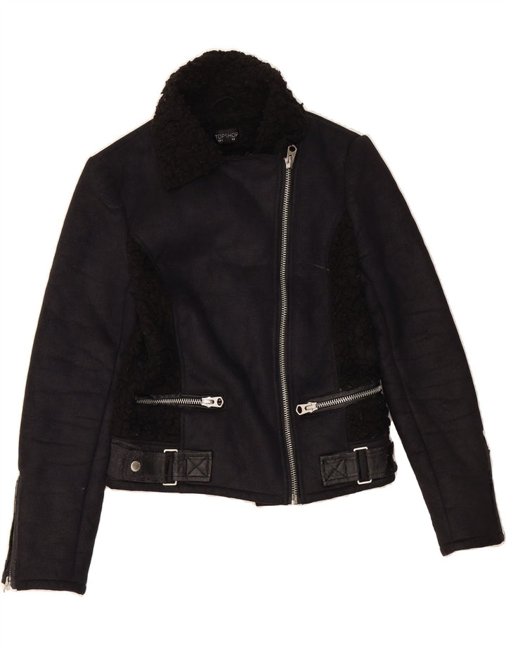 TOPSHOP Womens Biker Sherpa Jacket UK 8 Small Black Polyurethane Vintage Topshop and Second-Hand Topshop from Messina Hembry 