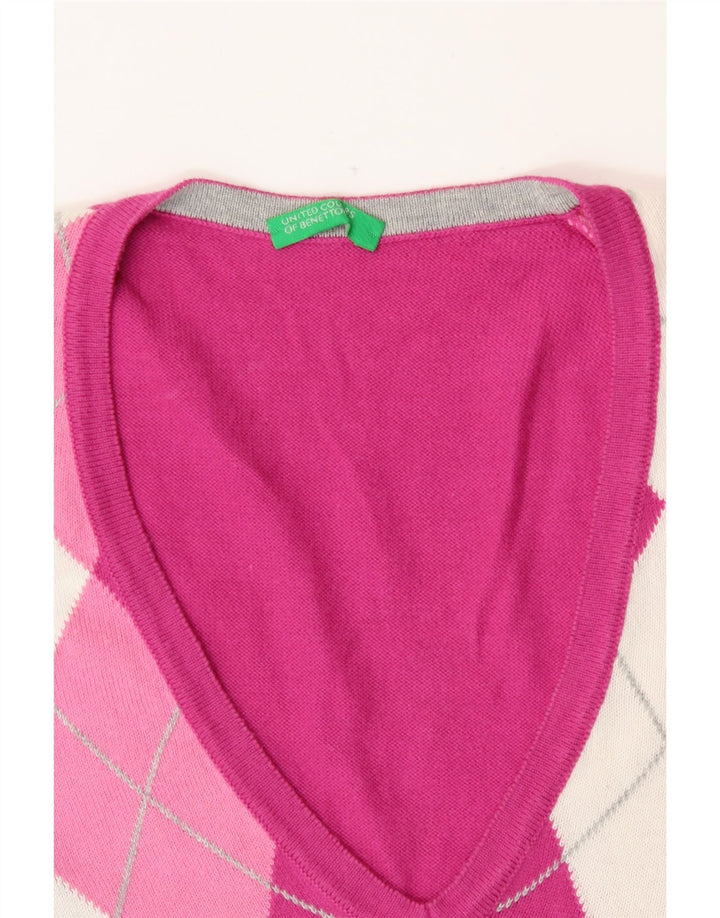 Benetton Damen-Pullover mit V-Ausschnitt, Gr. 12, mittelrosa Argyle/Diamant