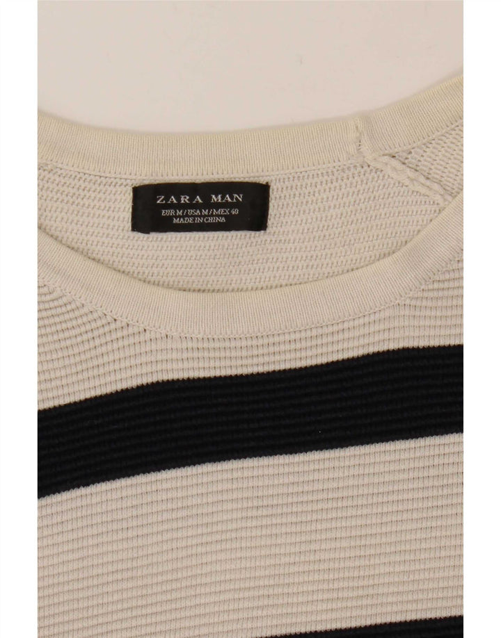 Zara Herren-Pullover mit Rundhalsausschnitt, mittelweiß gestreift