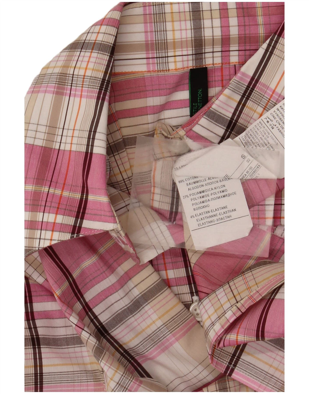 Benetton Damenhemd UK 10 Small Pink Plaid Cotton