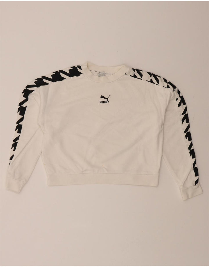 PUMA Womens Crop Graphic Sweatshirt Jumper UK 14 Medium White Vintage Puma and Second-Hand Puma from Messina Hembry 