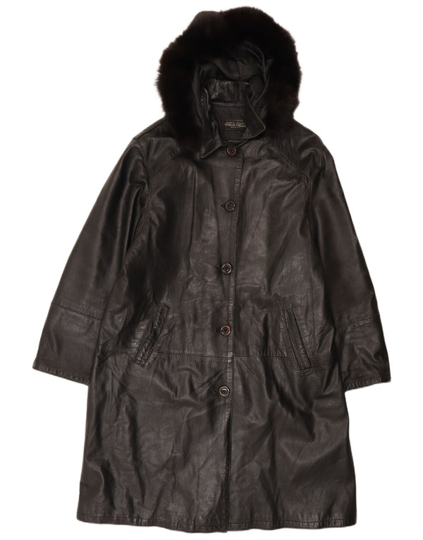 Vintage Damen Ledermantel mit Kapuze IT 48 XL Schwarz