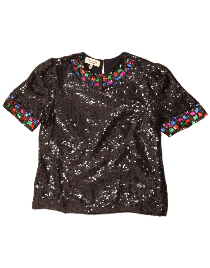 Vintage Damen Bluse mit Pailletten, UK 16, große schwarze Seide