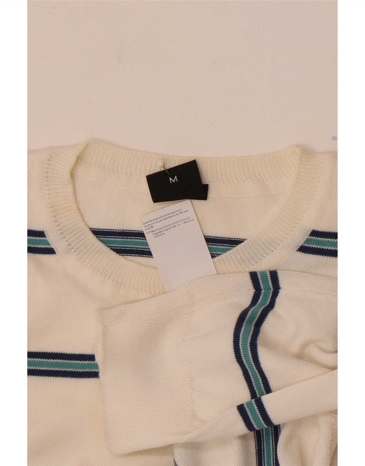 Hugo Boss Herren-Pullover mit Rundhalsausschnitt, mittelweiß gestreifte Baumwolle