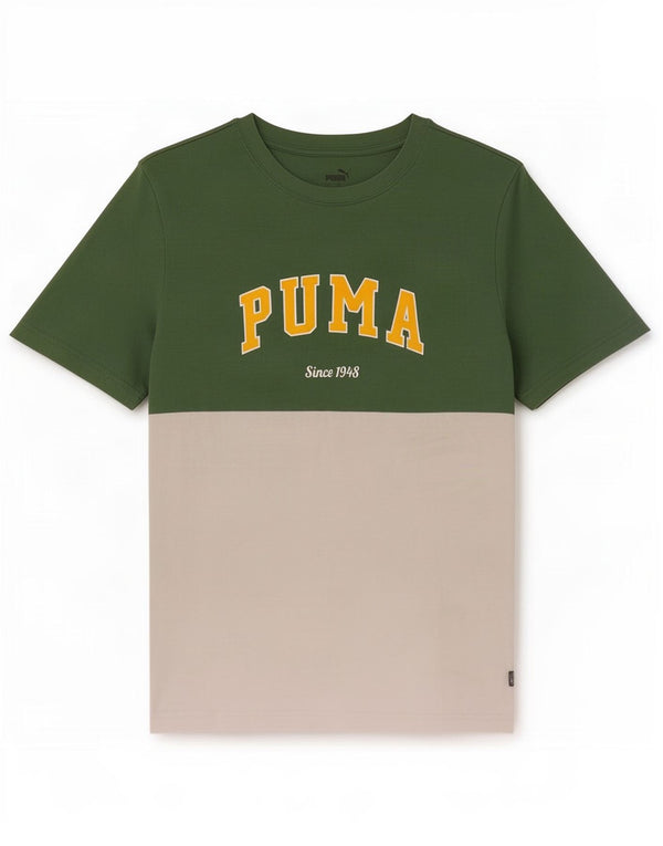 Puma Herren Grafik-T-Shirt-Oberteil, groß, grüne Farbblock-Baumwolle