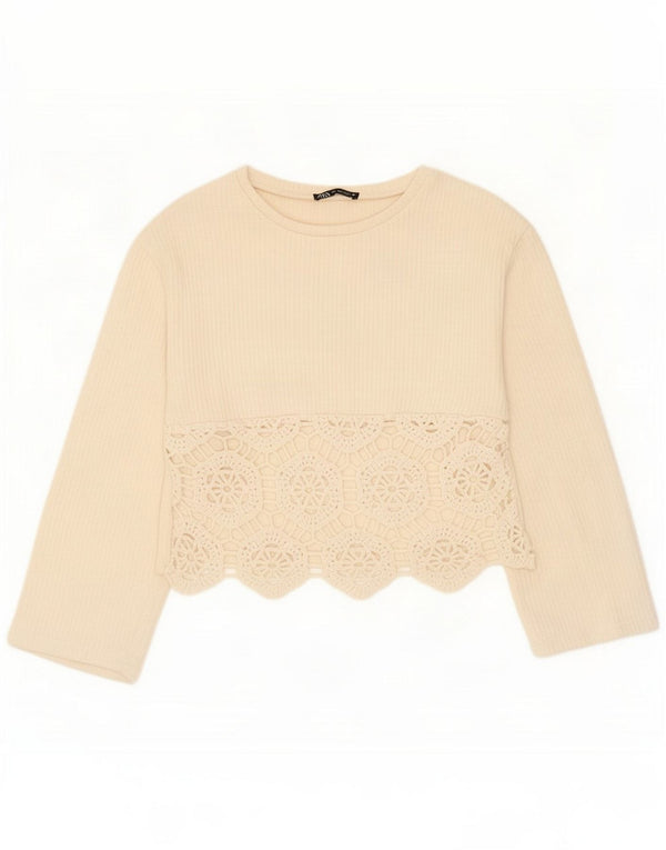 Zara Damen Crop Top Langarm UK 10 Small Off White