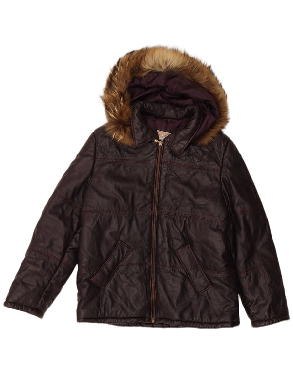 VINTAGE Damen Lederjacke mit Kapuze UK 16 Large Maroon