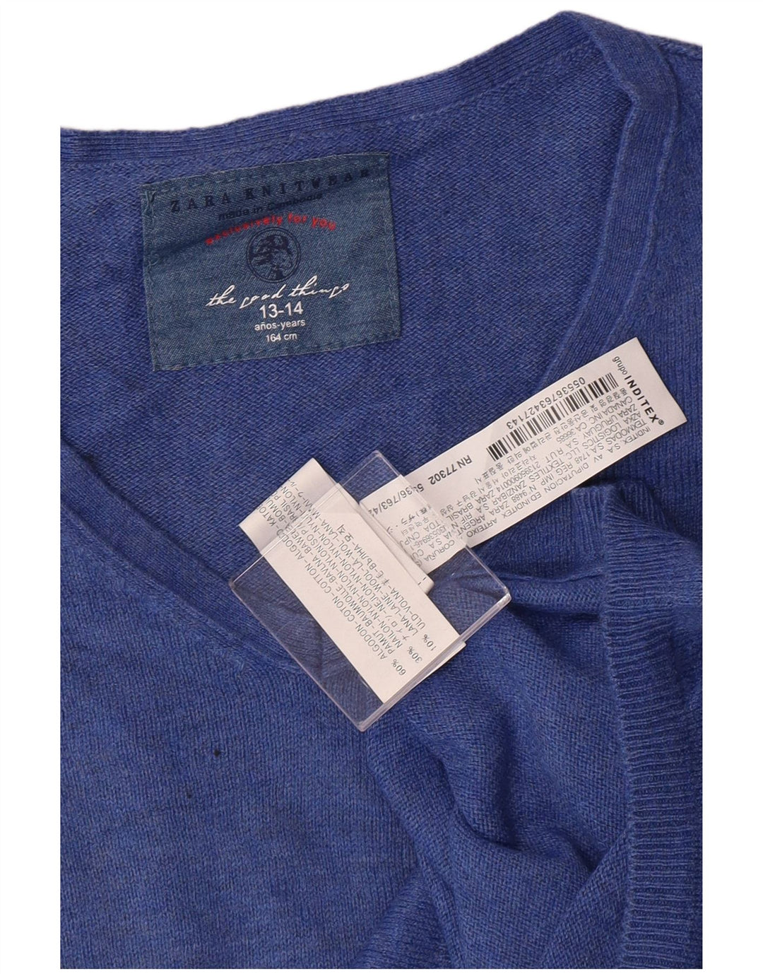 ZARA Jungen-Pullover mit V-Ausschnitt, 13–14 Jahre, blaue Baumwolle