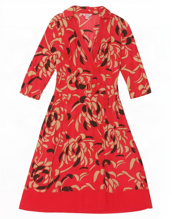 Monsoon Womens 3/4 Sleeve Wrap Dress UK 8 Small Red Floral Cotton