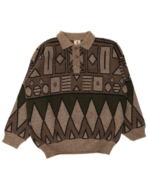 Vintage Mens Polo Neck Jumper Sweater Medium Brown Geometric