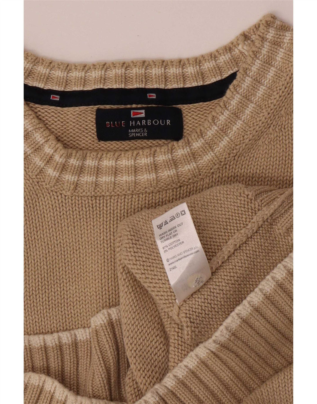 Marks & Spencer Herren-Pullover „Harbor“ mit Rundhalsausschnitt, Blau, Größe L, Beige