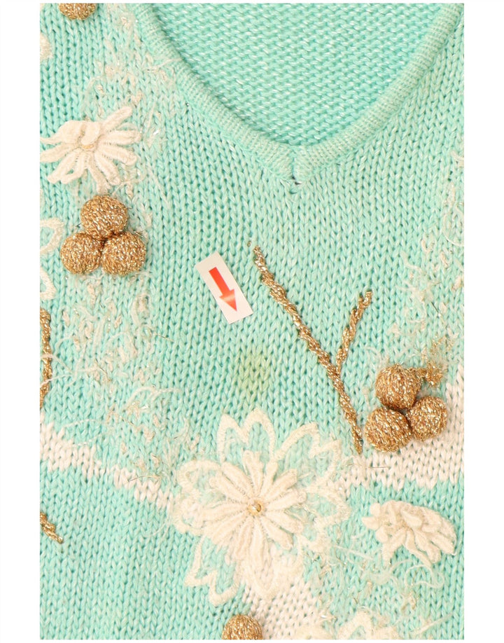 Vintage Damen Pullover mit V-Ausschnitt IT 44 Medium Türkis Polyacryl