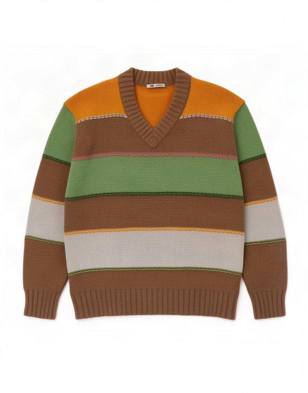 Zara Herren-Pullover mit V-Ausschnitt, mittelgroß, mehrfarbig, gestreift, Baumwolle